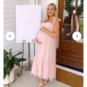 Light Pink Polka Dot Bow Ruffle Tie-Shoulder A-line Tulle Princess Dress Maxi